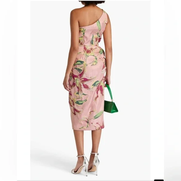 MARCHESA NOTTE One-shoulder Draped Floral-Jacquard Midi Dress in Blush sz 4 NWT - Picture 2 of 16